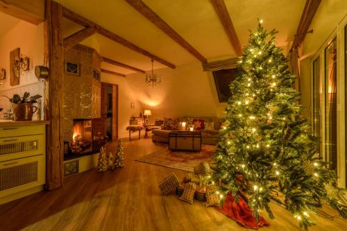 a christmas tree in a living room with a fireplace at Weisst Du noch - Gästehäuser & Suiten Rügen in Seedorf