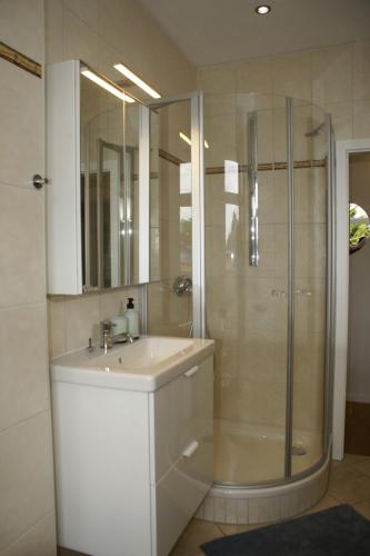 baño blanco con ducha y lavamanos en APARTMENT SONNE Reusa en Plauen