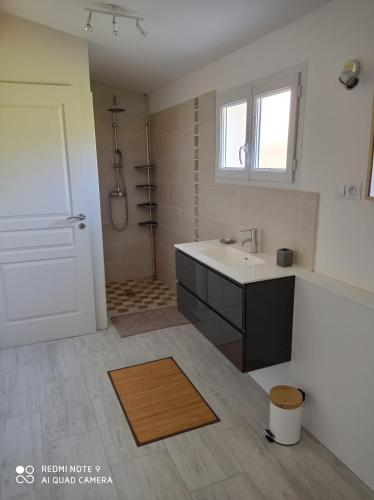 La salle de bains est pourvue d'un lavabo, d'une douche et d'une porte. dans l'établissement Agréable appartement au calme, à Villeneuve