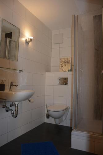 a bathroom with a sink and a toilet and a shower at Ferienwohnung Christina in Ursensollen