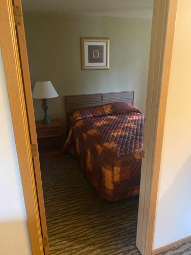 a bedroom with a bed and a lamp in a room at Malibu Inn in Wisconsin Dells