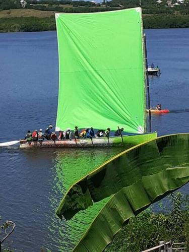 沃克蘭的住宿－APPARTEMENT SANS SOUCIS，一群人乘坐一艘绿色帆船