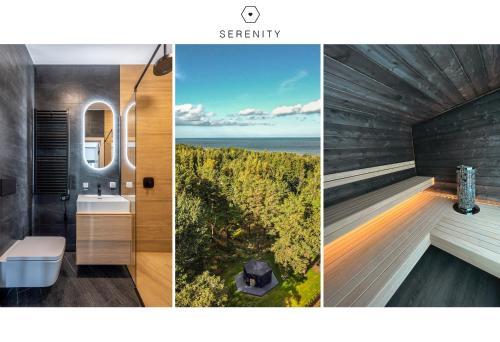 a collage of pictures of a bathroom with the ocean at Serenity House & Sauna on the Coast of Baltic Sea in Lapmežciems