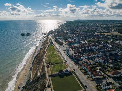 an aerial view of a city next to the ocean at Cliftonville Hotel in Cromer