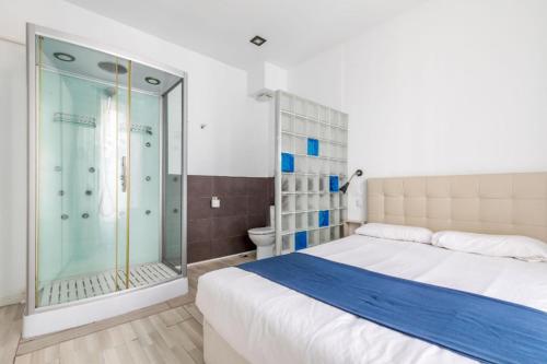 マドリードにあるSpacious flat puerta del solのベッドルーム(ガラス張りのシャワー、ベッド付)