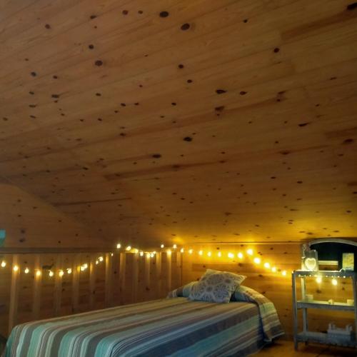 a bedroom with a wooden ceiling with lights on it at Les Valletes in Arnés