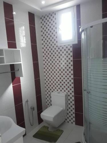 a bathroom with a toilet and a sink and a window at Magnifique villa avec piscine sur l’île de Djerba pour vacances in Arkou