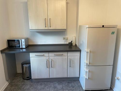 a kitchen with a white refrigerator and a microwave at große Wohnung zentral gelegen in Neubrandenburg