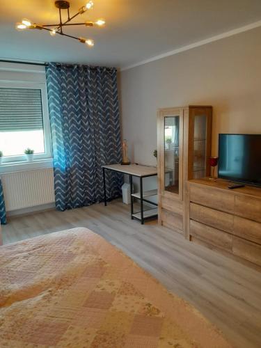 a bedroom with a bed and a desk and a television at Rema Ferienwohnungen in Zossen
