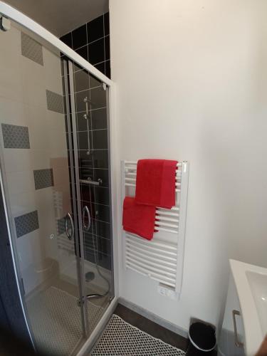 W łazience znajduje się prysznic i czerwony ręcznik na wieszaku na ręczniki. w obiekcie Nid douillet ernee w mieście Ernée