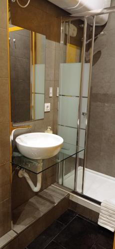 a bathroom with a sink and a shower at Apartamentos Arquitas in Mérida