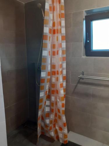 uma cortina de chuveiro na casa de banho com uma janela em Nice Studio in Villa ELENA Ultracentral Pallas Mall em Iaşi
