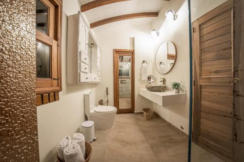 a bathroom with a toilet and a sink and a mirror at PETRA SANTA HOTEL BOUTIQUE in Pereira