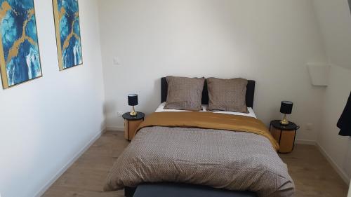 a bedroom with a bed with two night stands at l'Aurore Dorée, duplex rénové - parking privé - wifi gratuit in Saint-Quentin