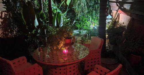 a table and chairs with plants on a patio at Petro's Antique House in Nicosia