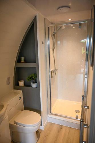 インヴァーゴードンにあるNewmore Highland Pods with Hot Tubs on NC500のシャワー、トイレ、洗面台を備えたバスルーム