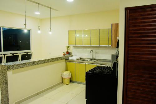 uma pequena cozinha com um lavatório e um fogão em City Views Apartment em San Salvador