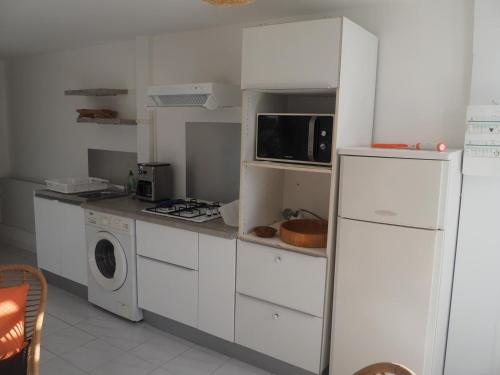 a white kitchen with a refrigerator and a microwave at Les jardins d'Émilie in Le Moule