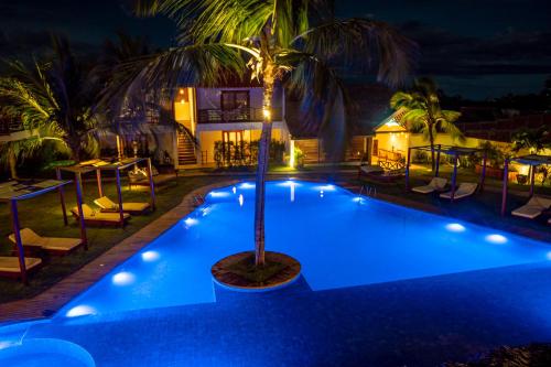 a pool at night with a palm tree in the middle at Villa Zen Hotel in Camocim