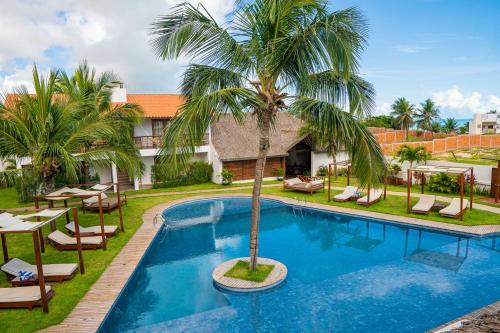 una piscina con palmeras y sillas en Villa Zen Hotel, en Camocim