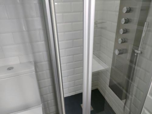 La salle de bains est pourvue d'une douche avec une porte en verre. dans l'établissement Claro de Luna, à Pontevedra