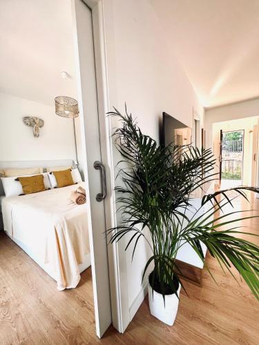 a bedroom with a bed and a potted plant at ZEN Apartment sea views in Tossa de Mar