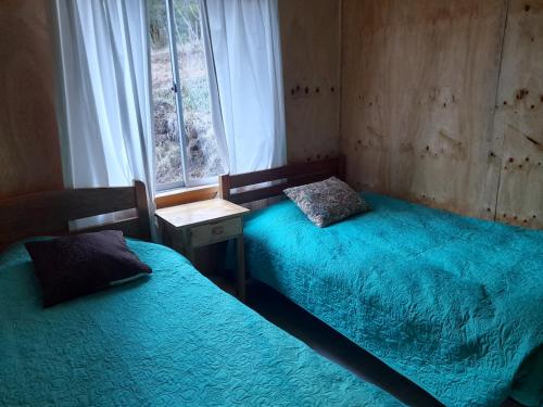 two beds sitting in a room with a window at Cabañas Nehuen Coyan in Melipeuco