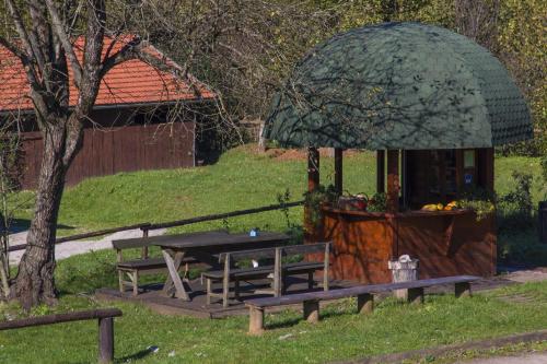 a picnic table and a gazebo in a park at Ranch Jelov Klanac in Rakovica