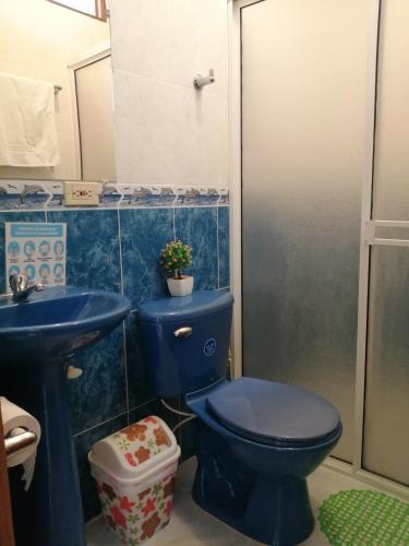 a bathroom with a blue toilet and a sink at Las Orquídeas Jardín Casa Hotel in Jardin