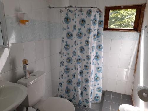 a bathroom with a toilet and a shower curtain at Refugio de montaña in Melipeuco