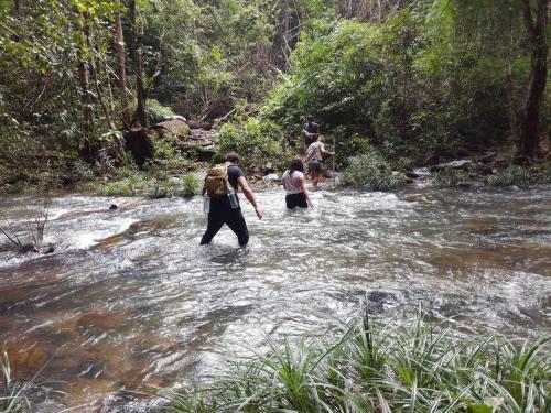 a group of people walking across a stream at Ratanakiri Farmhouse & Trekking in Banlung