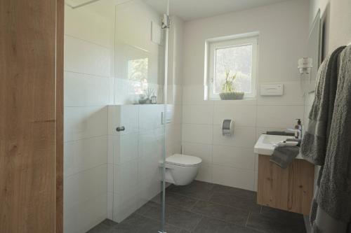 een witte badkamer met een toilet en een wastafel bij good-goisern hotel in Bad Goisern