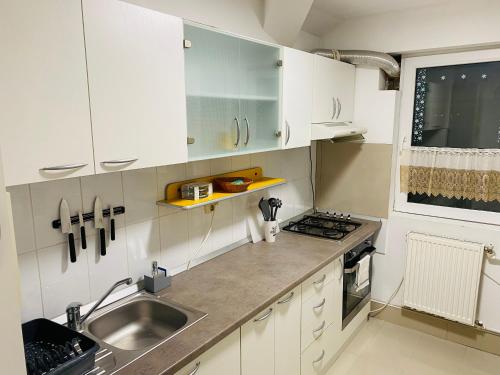 eine kleine Küche mit weißen Schränken und einem Waschbecken in der Unterkunft Apartament Raluca - self check-in in Timişoara
