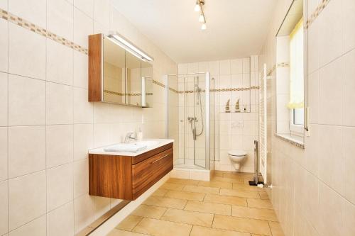 a bathroom with a sink and a shower and a toilet at Ferienhaus am Johannesbuhl in Waldmünchen