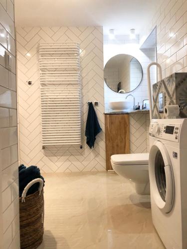 a bathroom with a washing machine and a toilet at Dolina Zdrowia u Skrzypków in Wleń