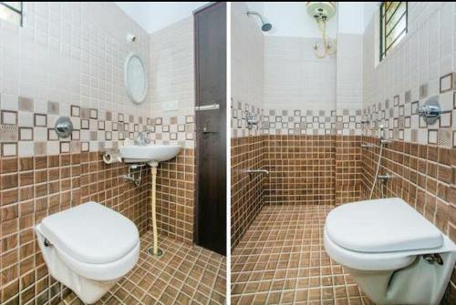 2 Bilder eines Badezimmers mit WC und Waschbecken in der Unterkunft HOTEL SLN INN in Bangalore