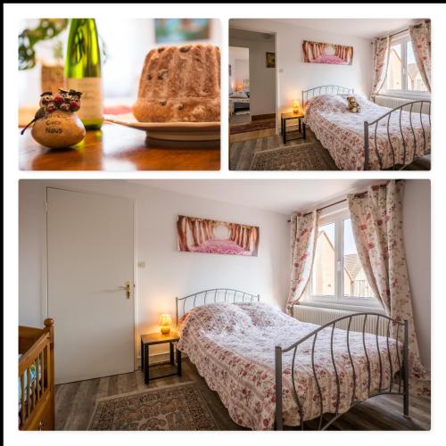 - deux photos d'une chambre avec deux lits dans l'établissement gite du muhlbach, à Stotzheim