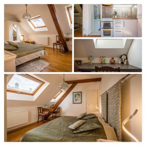 un collage de quatre photos d'une chambre avec deux lits dans l'établissement gite du muhlbach, à Stotzheim