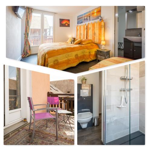 un collage de trois photos d'une chambre dans l'établissement gite du muhlbach, à Stotzheim