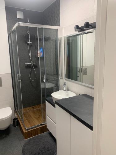 a bathroom with a shower and a toilet and a sink at Nyvky Like Home - Fayna Town - apt 398 in Kyiv