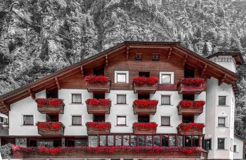 um edifício com caixas de flores com uma montanha em Alps Oriental Wellness HOTEL em Campodolcino