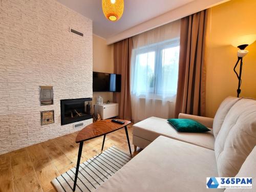 a living room with a couch and a fireplace at Perła Pomorza Mielno - 365PAM in Unieście
