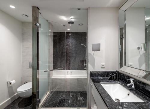 a bathroom with a shower and a sink and a toilet at The Stay Boulevard Nisantasi in Istanbul