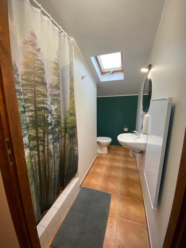 a bathroom with a toilet and a shower curtain at Ośrodek Wypoczynkowy "Julia" w Samociążku in Samociążek