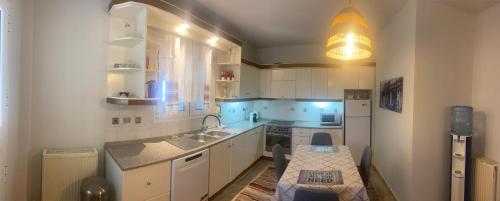 eine Küche mit weißen Schränken und einem Waschbecken in der Unterkunft Villa Ariadni in Plagiárion