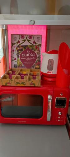 a red microwave with a box of food and a toaster at Al Cuore del Borgo in Castelmezzano
