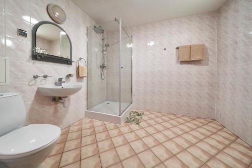 uma casa de banho com um chuveiro, um WC e um lavatório. em Hostel Relaks em Olsztyn