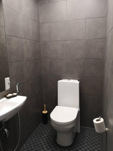 a bathroom with a white toilet and a sink at Centrum Hotel Viljandi in Viljandi