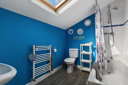 a bathroom with blue walls and a toilet and a sink at Ocean Cottage - Walk to Beach Countryside Views in Saundersfoot