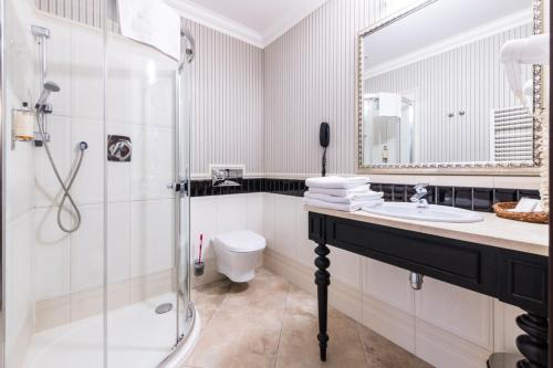 a bathroom with a shower and a sink and a toilet at Hotel St. Bruno in Giżycko
